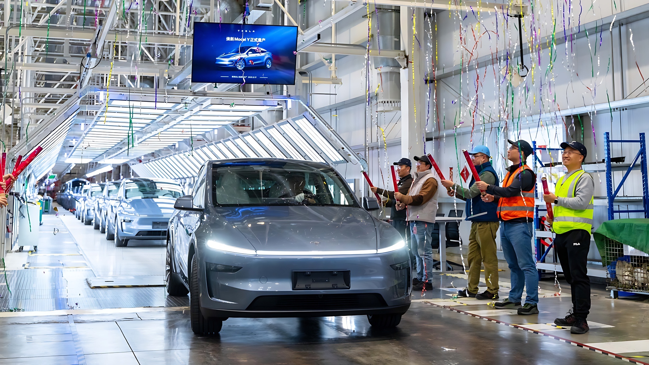 Updated Tesla Model Y stood on the conveyor in China